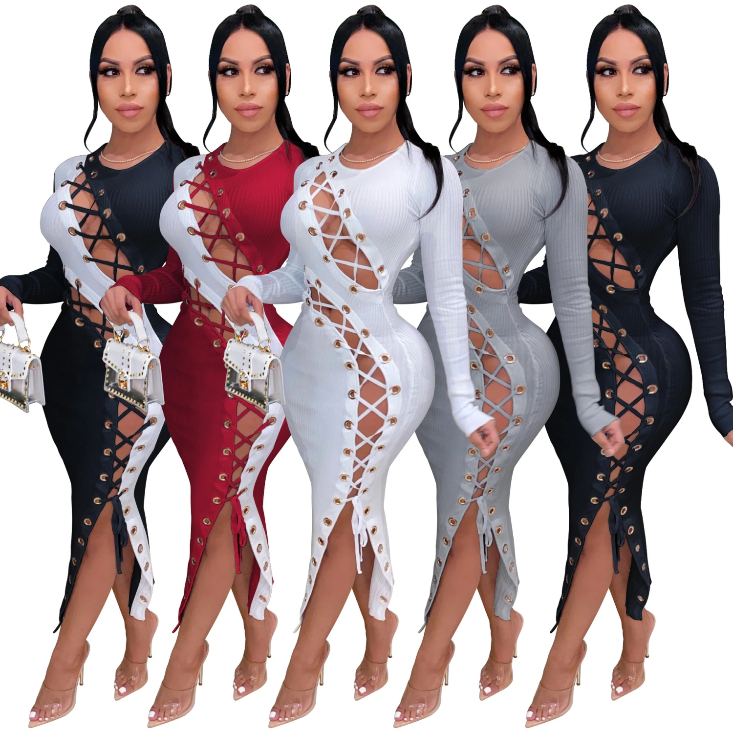 Lace-up tight-fitting hollow high stretch pit dress