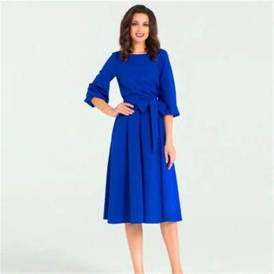 O-neck A-line dress with puff sleeves