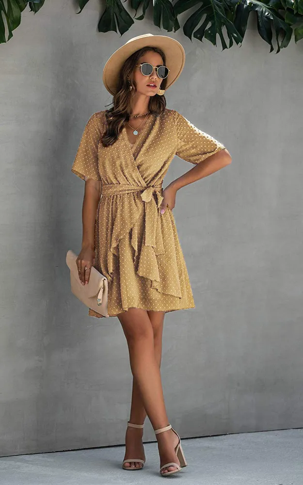 Chiffon V-neck lace up short sleeve dress