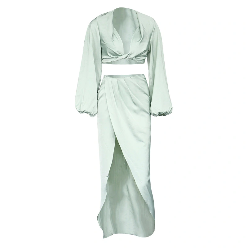 Pure Color Satin Long-sleeved Top Split Long Skirt Two-piece Suit