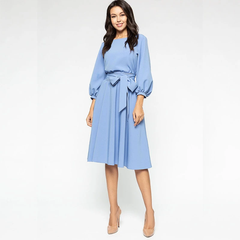 Lantern Sleeve Round Neck Belt Mid-Length Gown