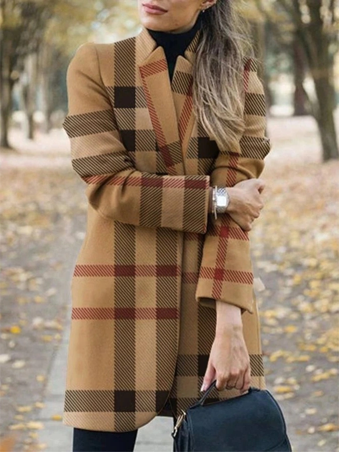 Fall Winter New Style European And American Fashion Printed Stand Collar Woolen Coat Women