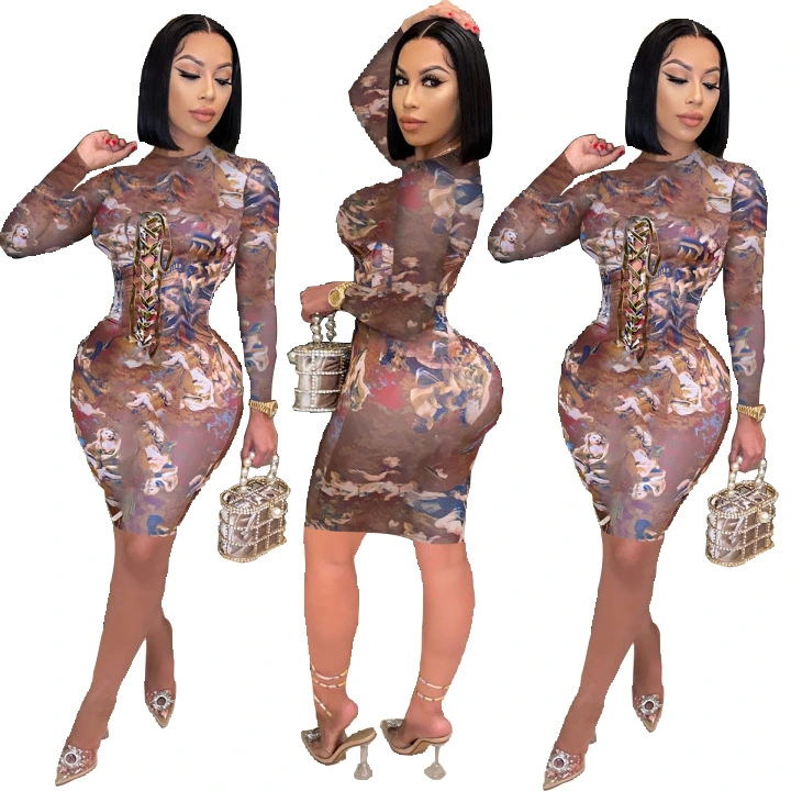 European And American Women's Fashion Lace Roman Print Long Sleeve Dress