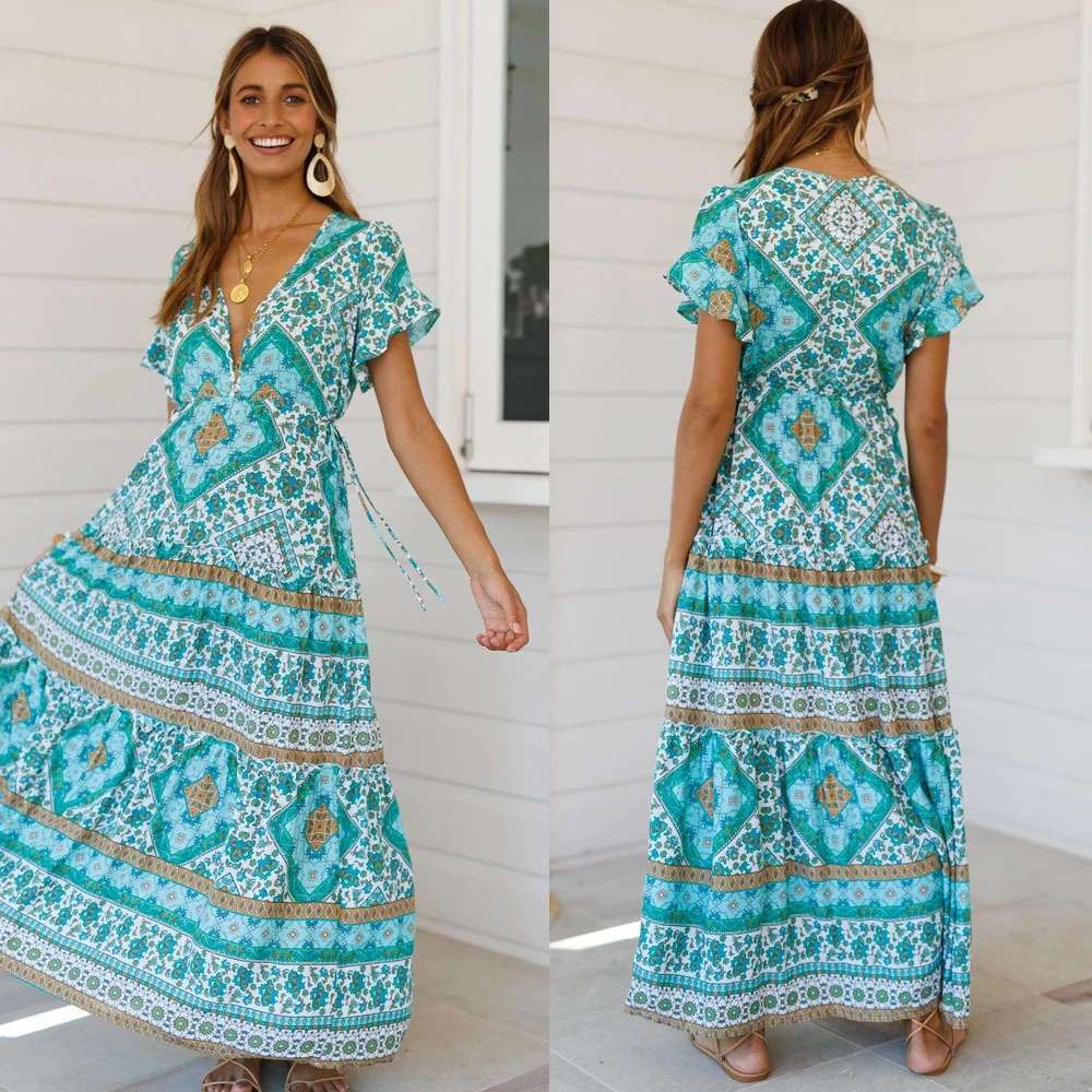 Printed cuff stitching ruffled V-neck dress