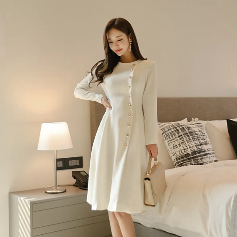 High-quality button waist mid-length dress