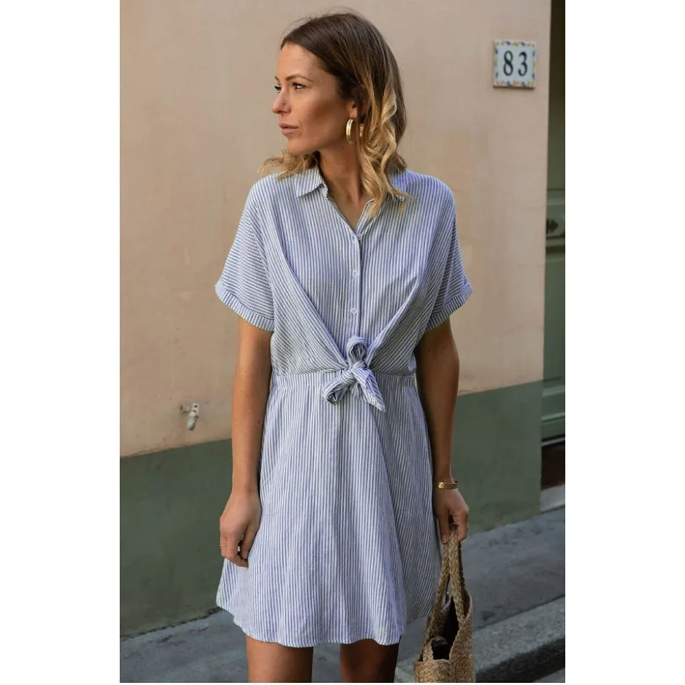 Striped knotted short-sleeved dress