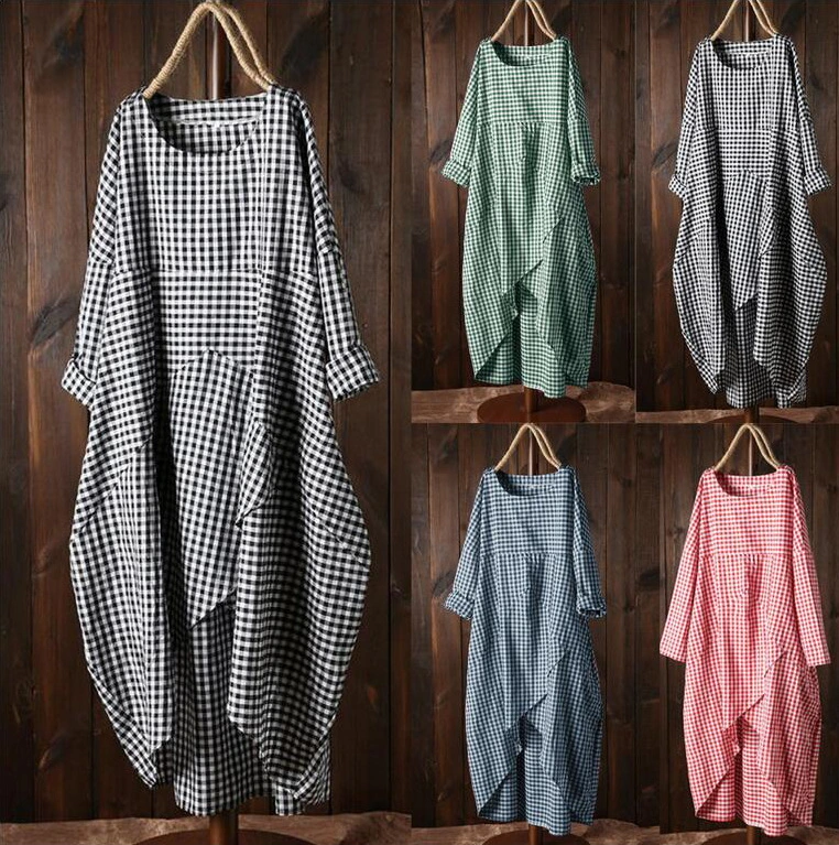 Plaid stitching long sleeve casual dress