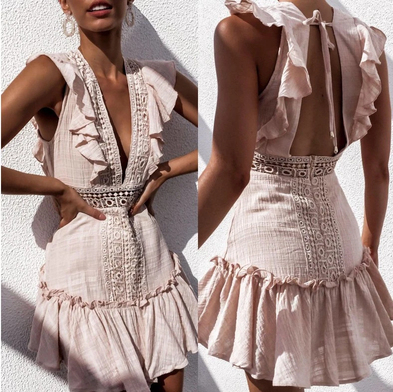 Deep V Dress Solid Color Lace Skirt
