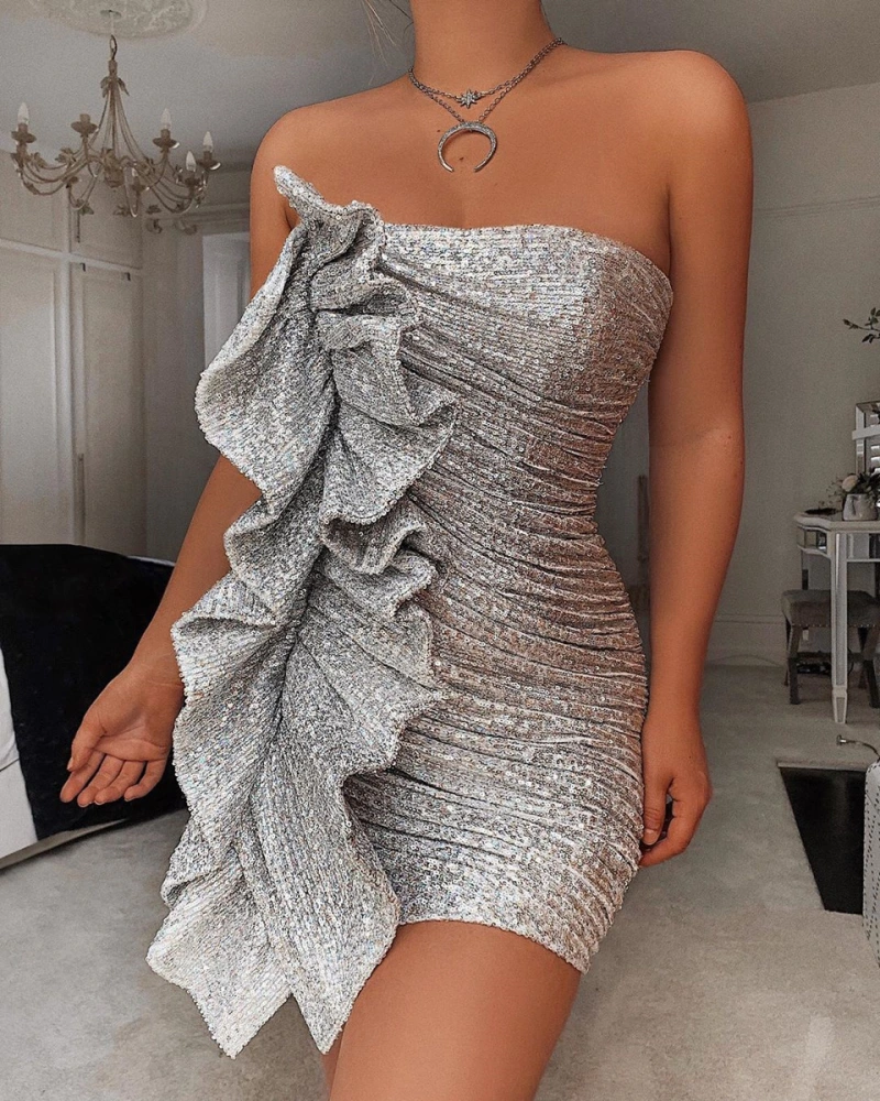 Bandeau ruffled colorful sequin dress
