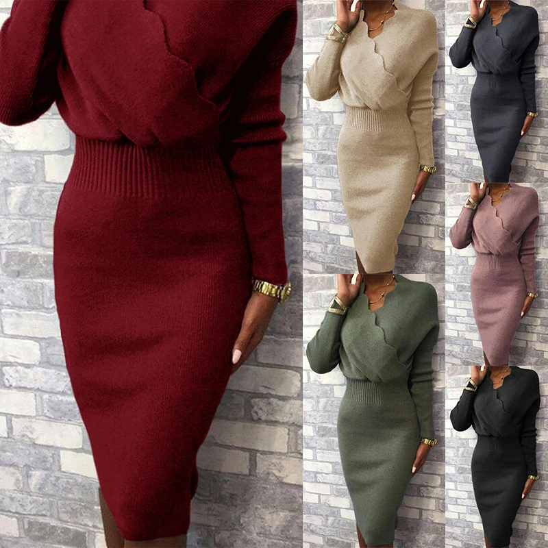 Solid color lace long sleeve high waist knitted dress