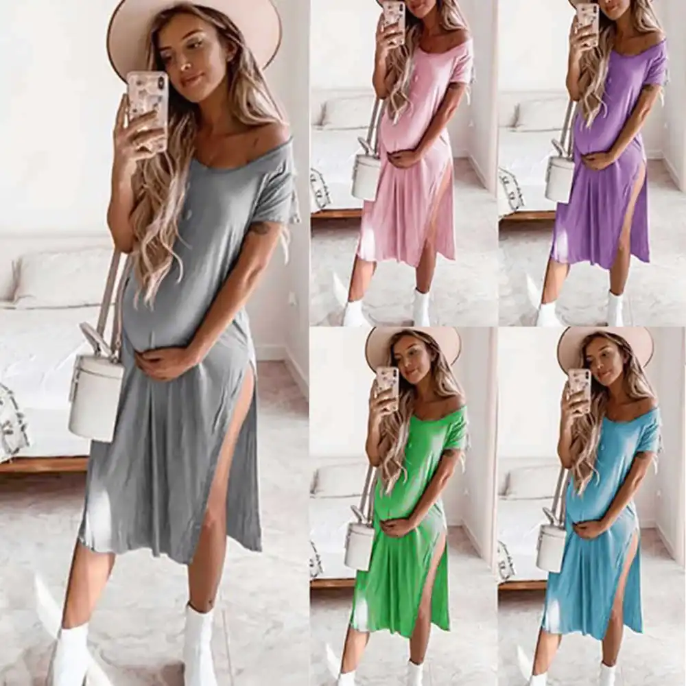 Easy and simple round neck high slit mid-length dress T-shirt maternity skirt