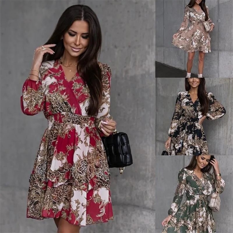 V-Neck Retro Print Slim Dress