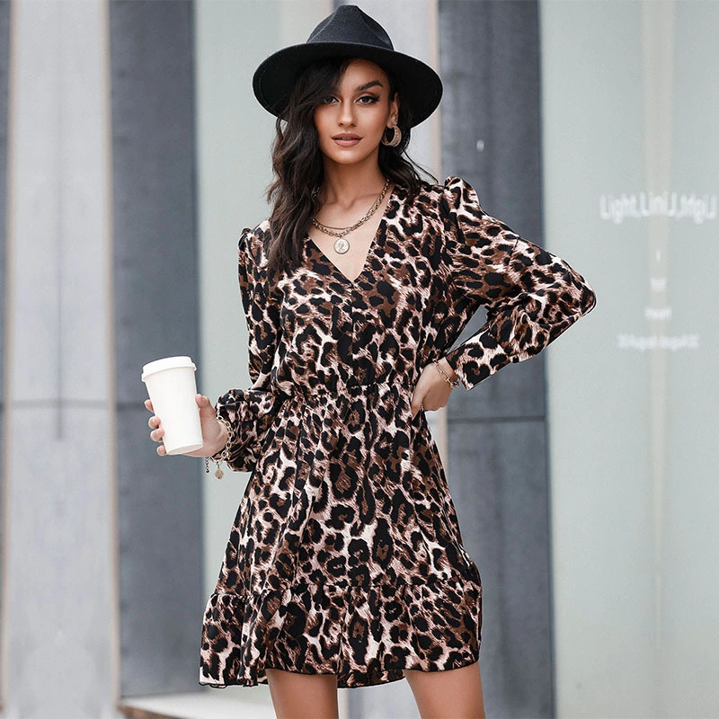 Printed V-Neck Leopard Print Dress