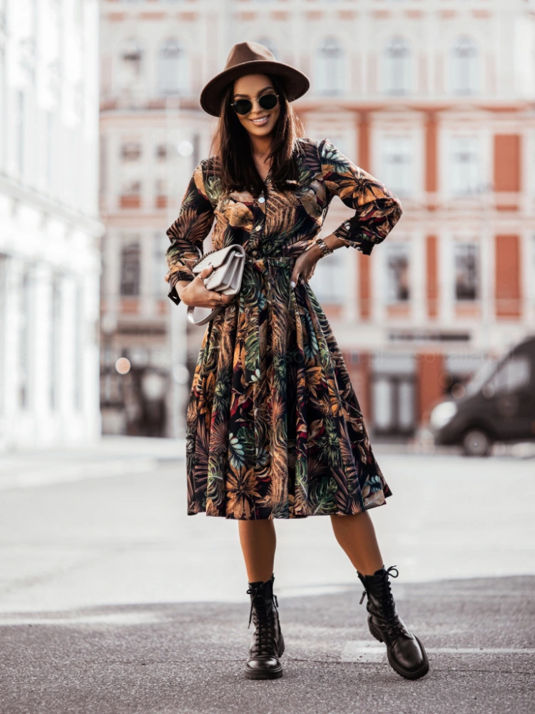 Vintage Print Lapel Mid-Length Dress
