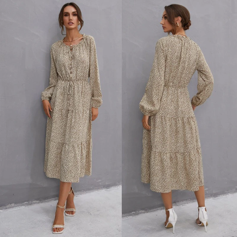 Round Neck Strap Pullover Leopard Print Slim Dress