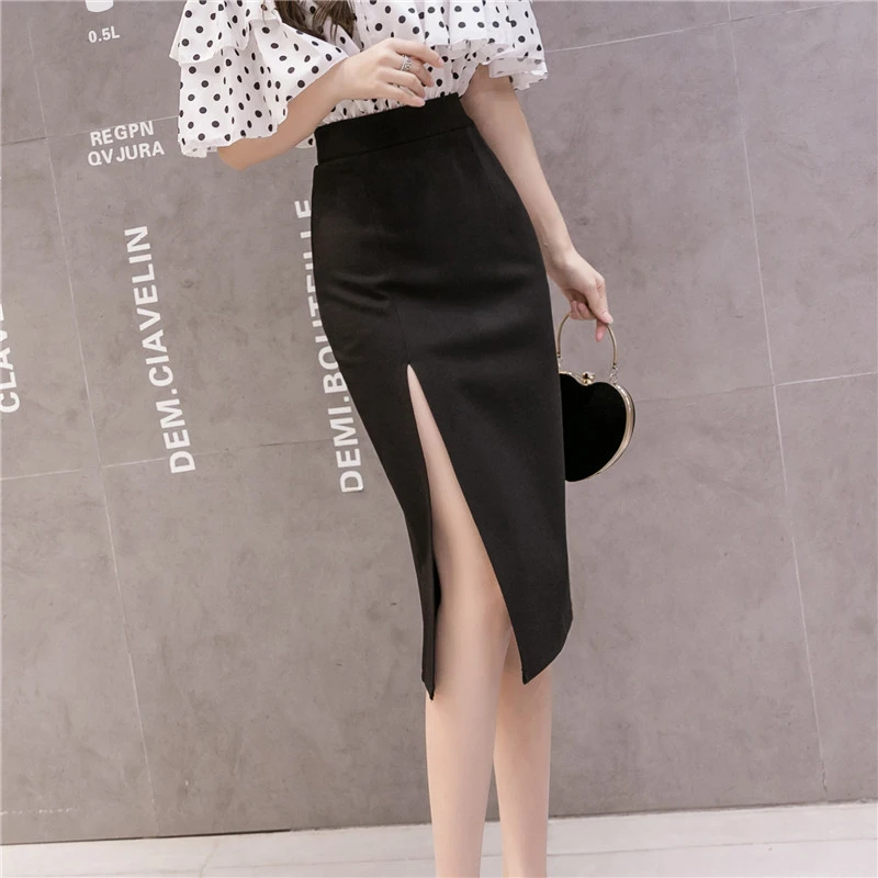 New Elastic Mid Length Skirt High Slit Skirt Female Bag Hip Skirt Slim Slim Cheongsam Skirt