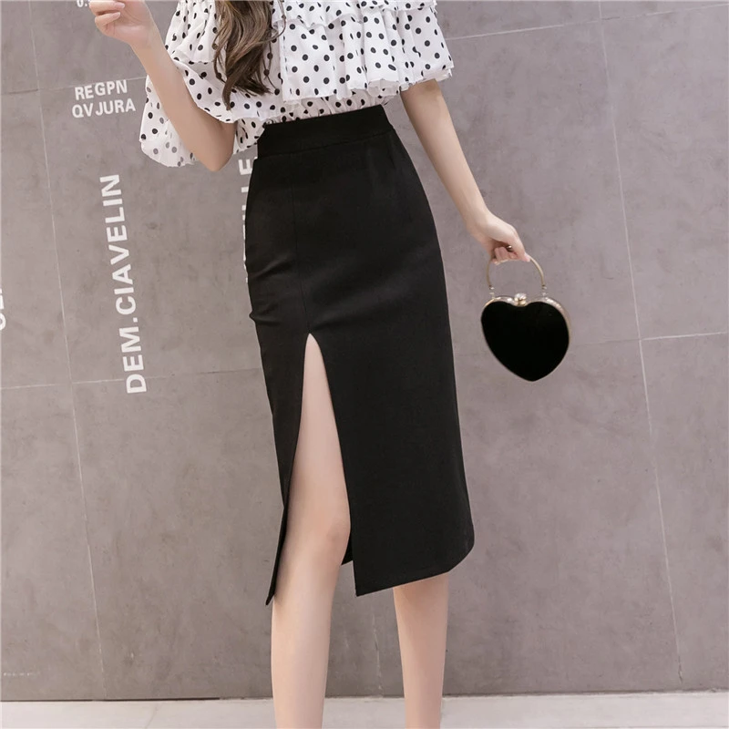 New Elastic Mid Length Skirt High Slit Skirt Female Bag Hip Skirt Slim Slim Cheongsam Skirt