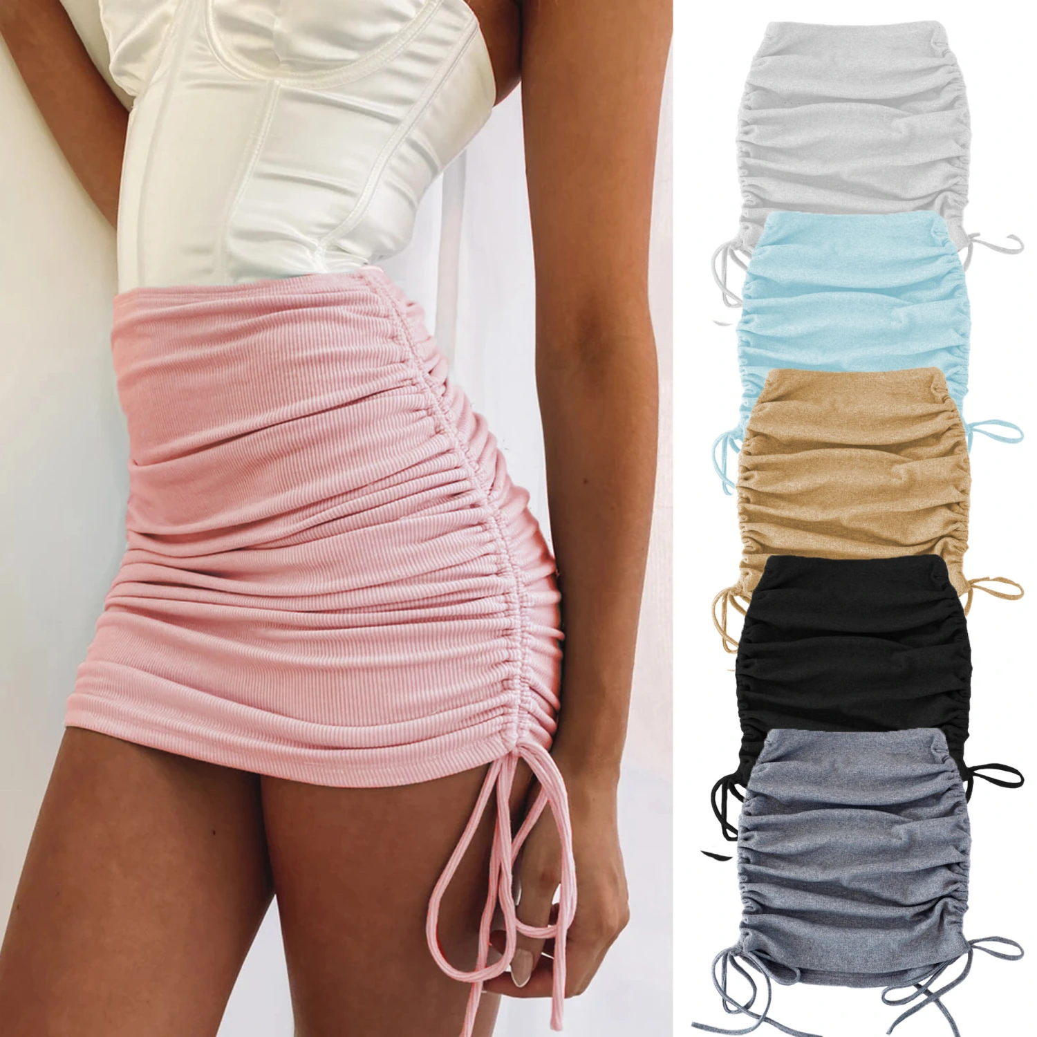 Women's Knitted Thread Side Drawstring Stretch Pleated Skirt