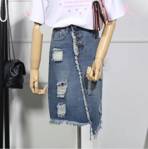 Ripped denim skirt summer loose and versatile A-line skirt