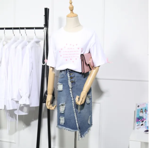 Ripped denim skirt summer loose and versatile A-line skirt
