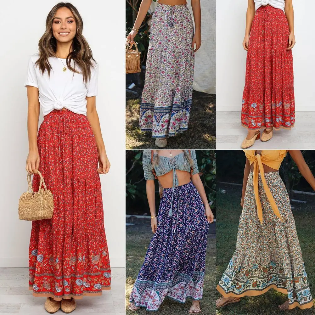 Printed elastic waist tie all-match women's skirt