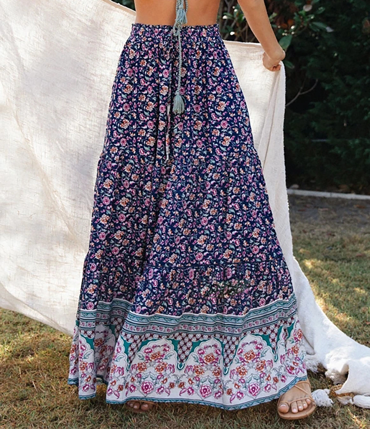 Printed elastic waist tie all-match women's skirt
