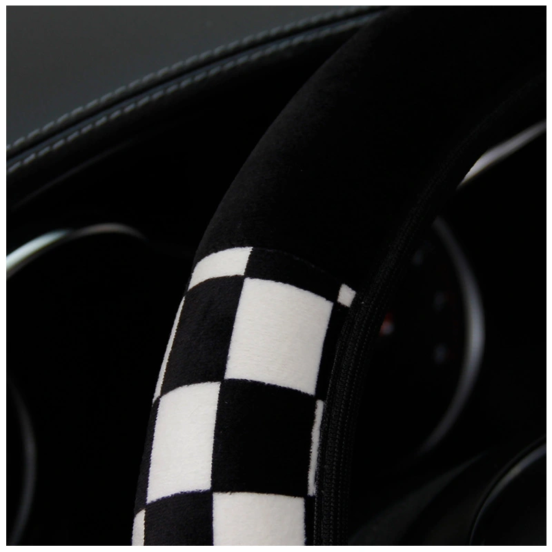 Black And White Plaid Plush Car Steering Wheel Cover