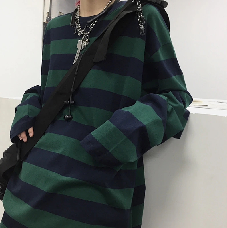 Harajuku Style Color-blocking Striped Top Mid-length Loose Long Sleeves