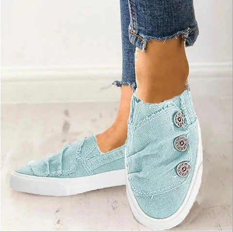 Large Size Denim Canvas Shoes Women Flat Bronze Buckle Shoes