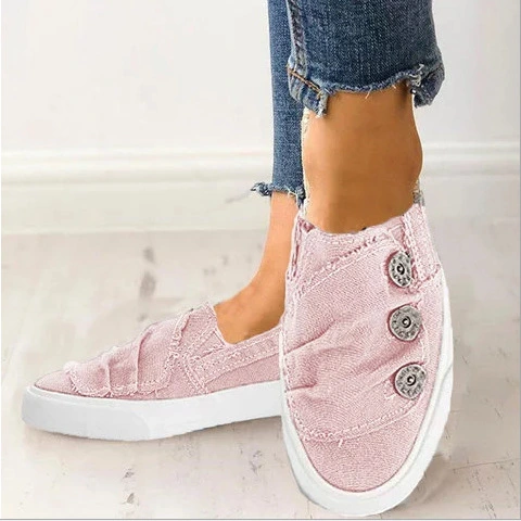 Large Size Denim Canvas Shoes Women Flat Bronze Buckle Shoes