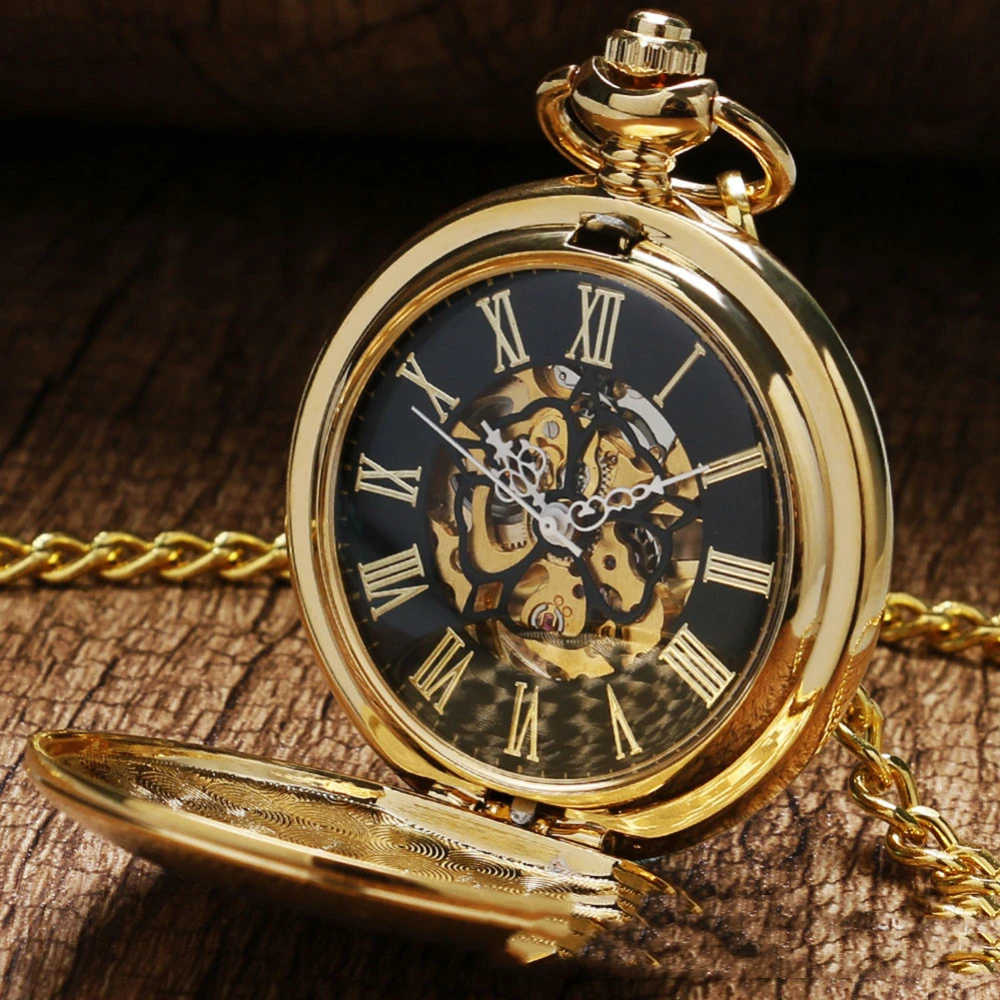 Mechanical Gold Double-sided Carved Shield Manual Pocket Watch