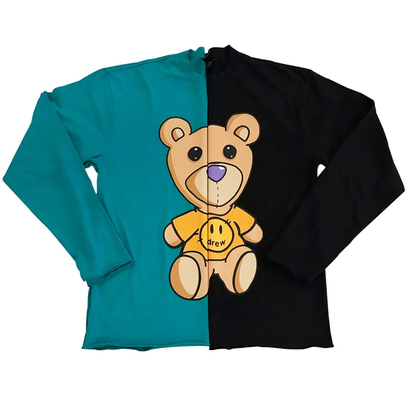 Tricolor bear long sleeve damage hem cotton breathable hoodie