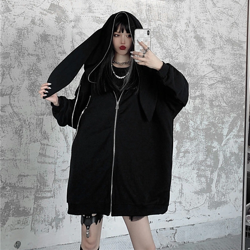 Rabbit Ears Hooded Sweater Women Spring And Autumn Black Jacket