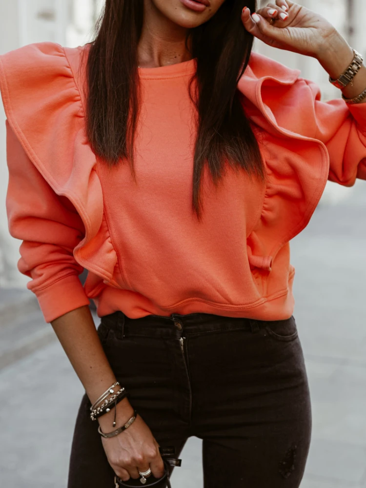 Long Sleeve Women's Round Neck Ruffled Stitching Sweater Women