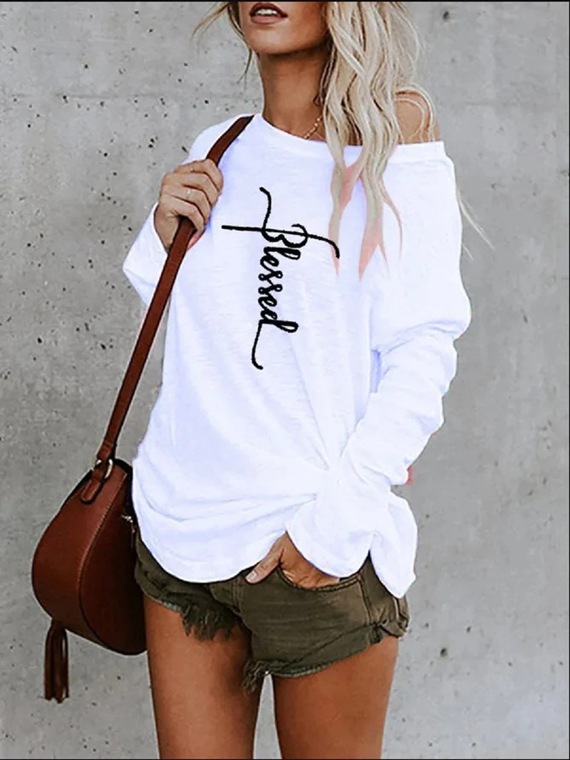 Off-the-shoulder Round Neck Printed Loose T-shirt Blouse