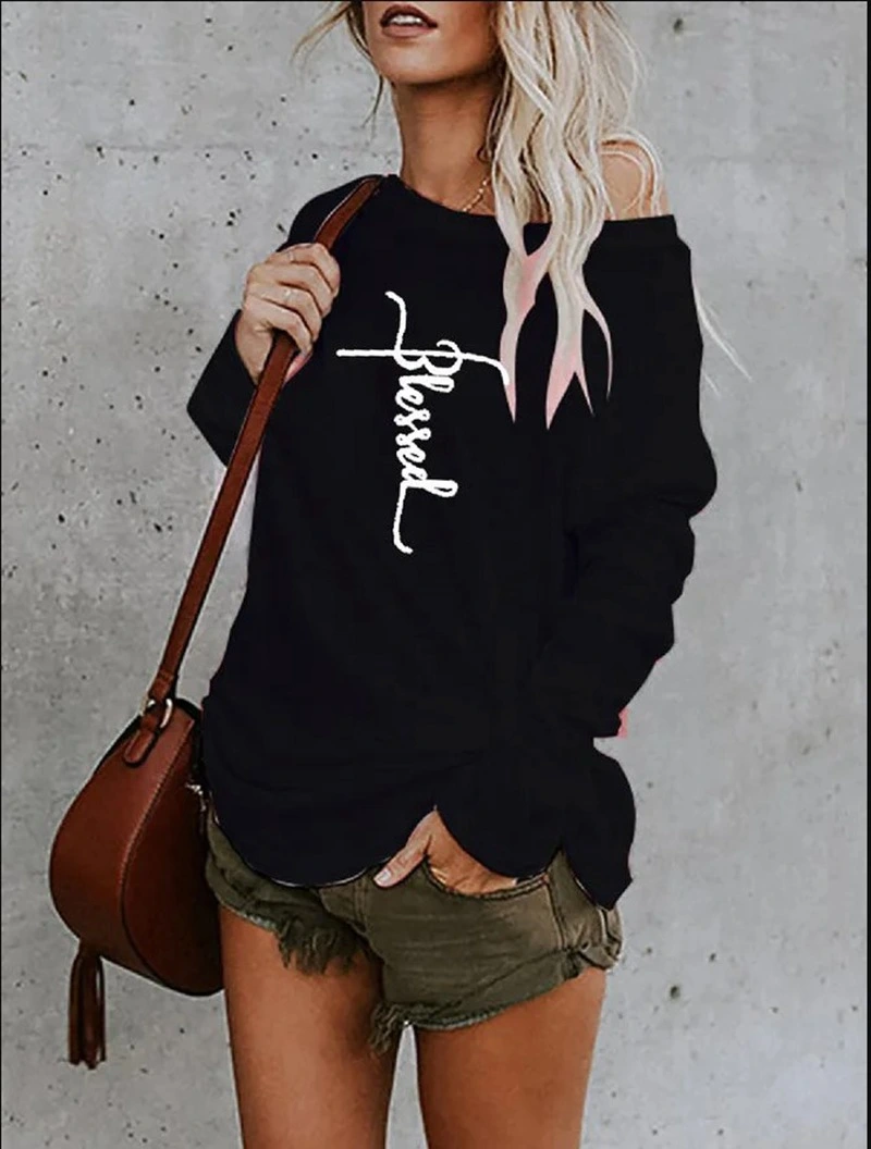 Off-the-shoulder Round Neck Printed Loose T-shirt Blouse