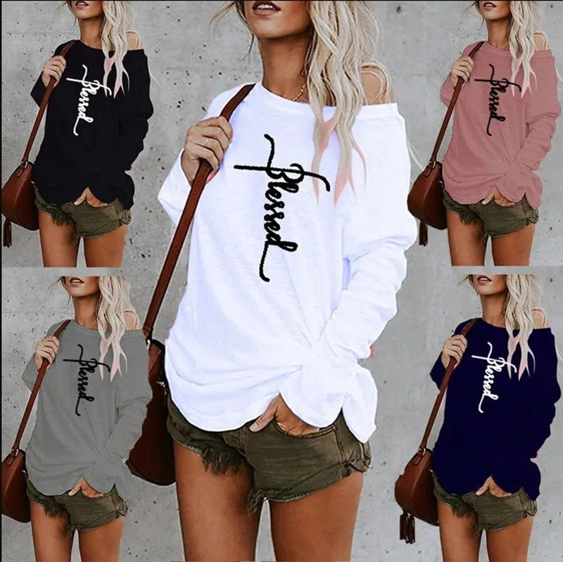 Off-the-shoulder Round Neck Printed Loose T-shirt Blouse