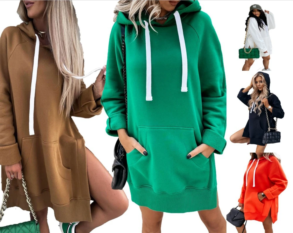 Fleece Loose Side Slit Hooded Long-sleeved Sweater Women's Clothing