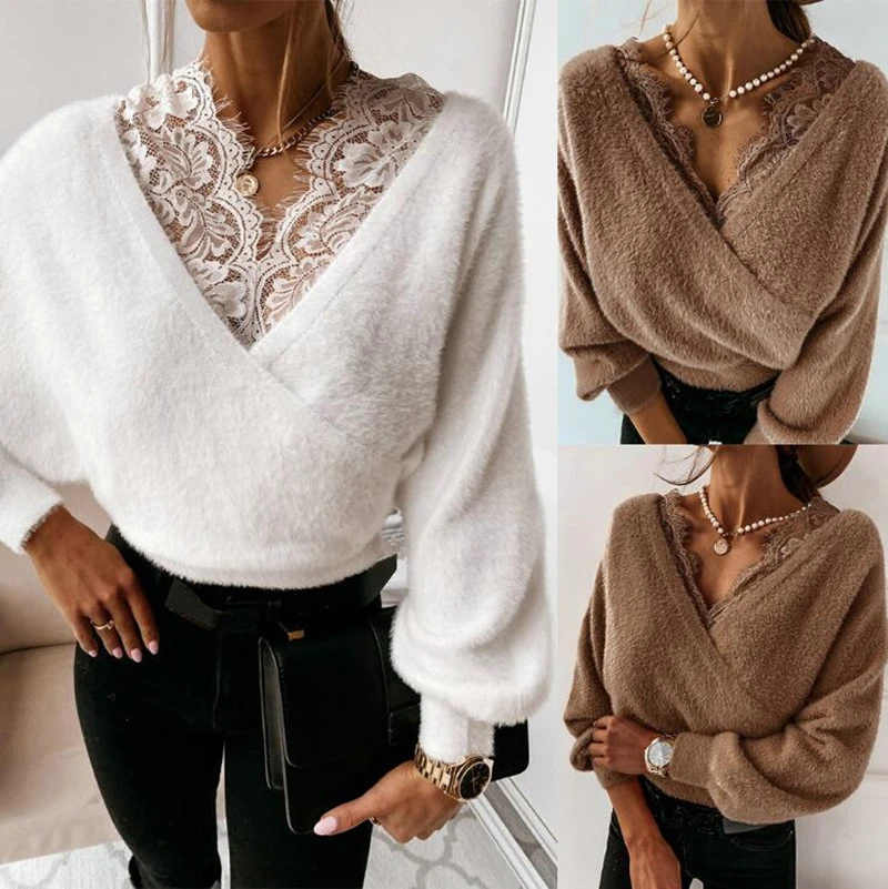 Solid Color Lace Sling Flannel Long Sleeve Top