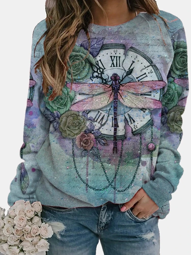 Loose crew neck BUTTERFLY PRINT LONG SLEEVE