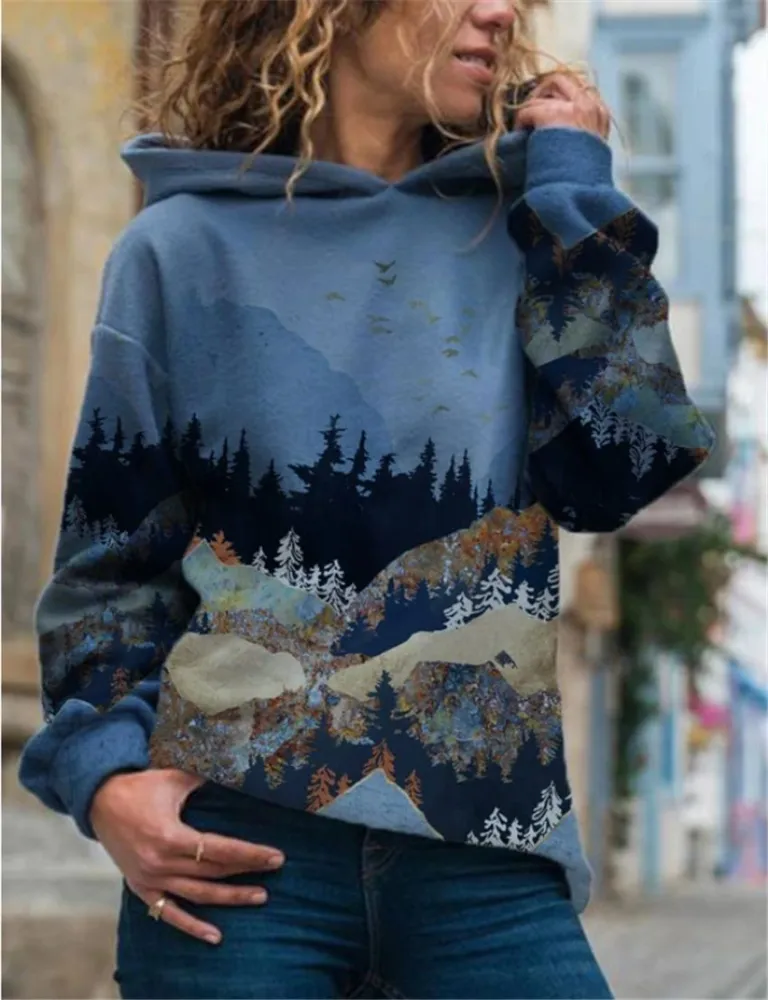 Landscape Style Lady's Loose Hooded Printed Sweater