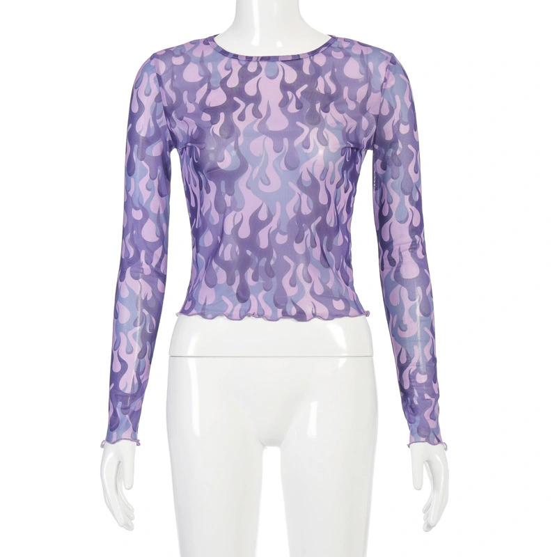 Sheer mesh printed long-sleeved jumpsuit