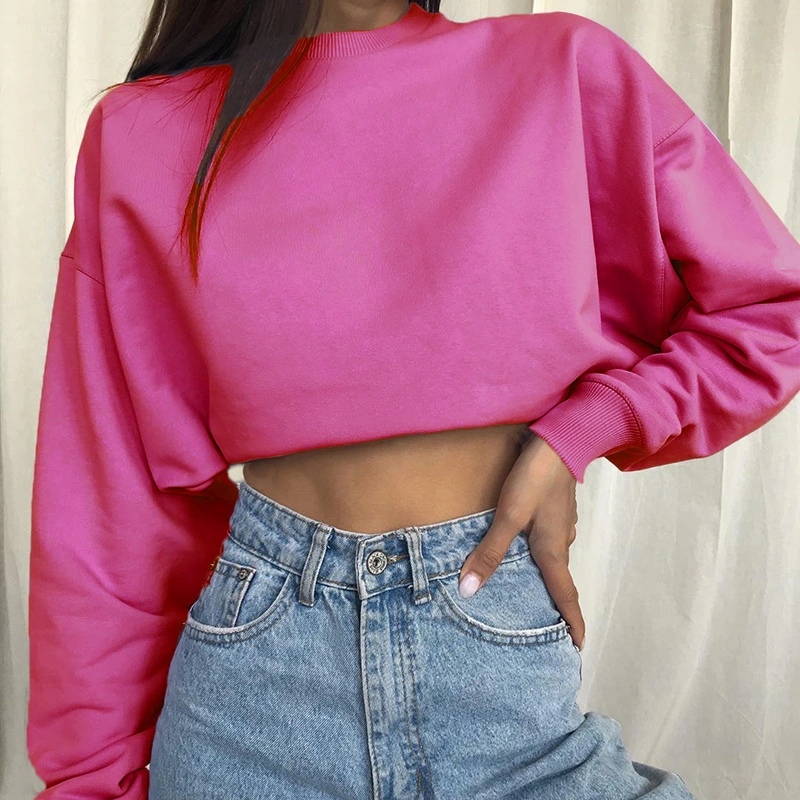 Solid Color Pullover Sweater Women's High-Waist Cropped Long-Sleeved Top