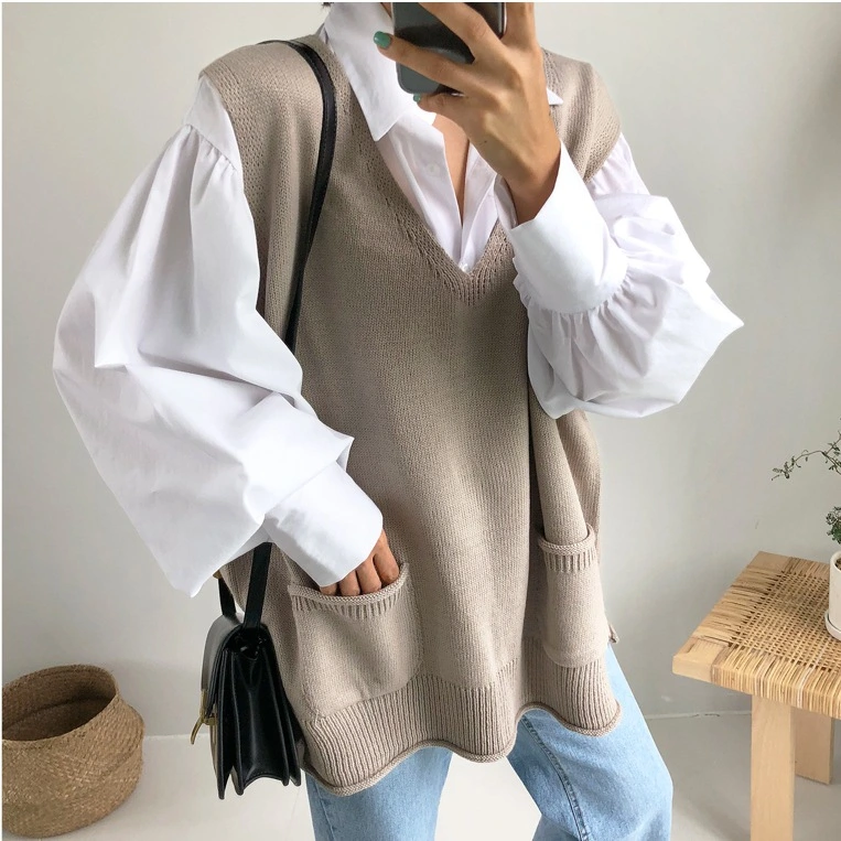 Slit loose V-neck wild wool vest vest