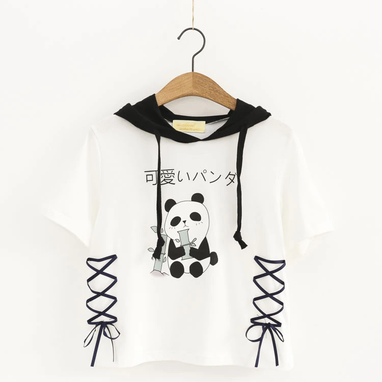 Short-sleeved t-shirt with panda ears for women