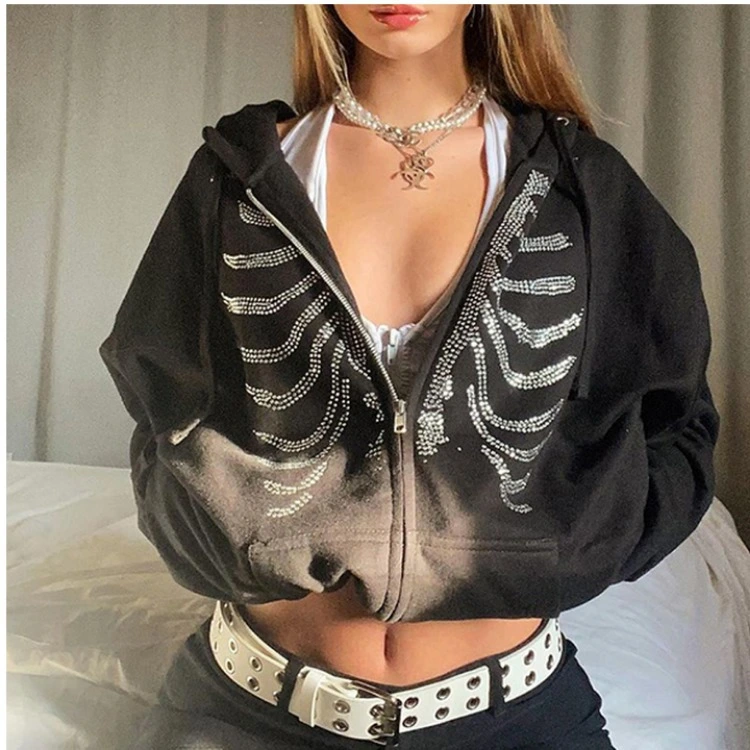 Casual Style Solid Color Breastbone Hot Drilling Zipper Hooded Loose Sweater