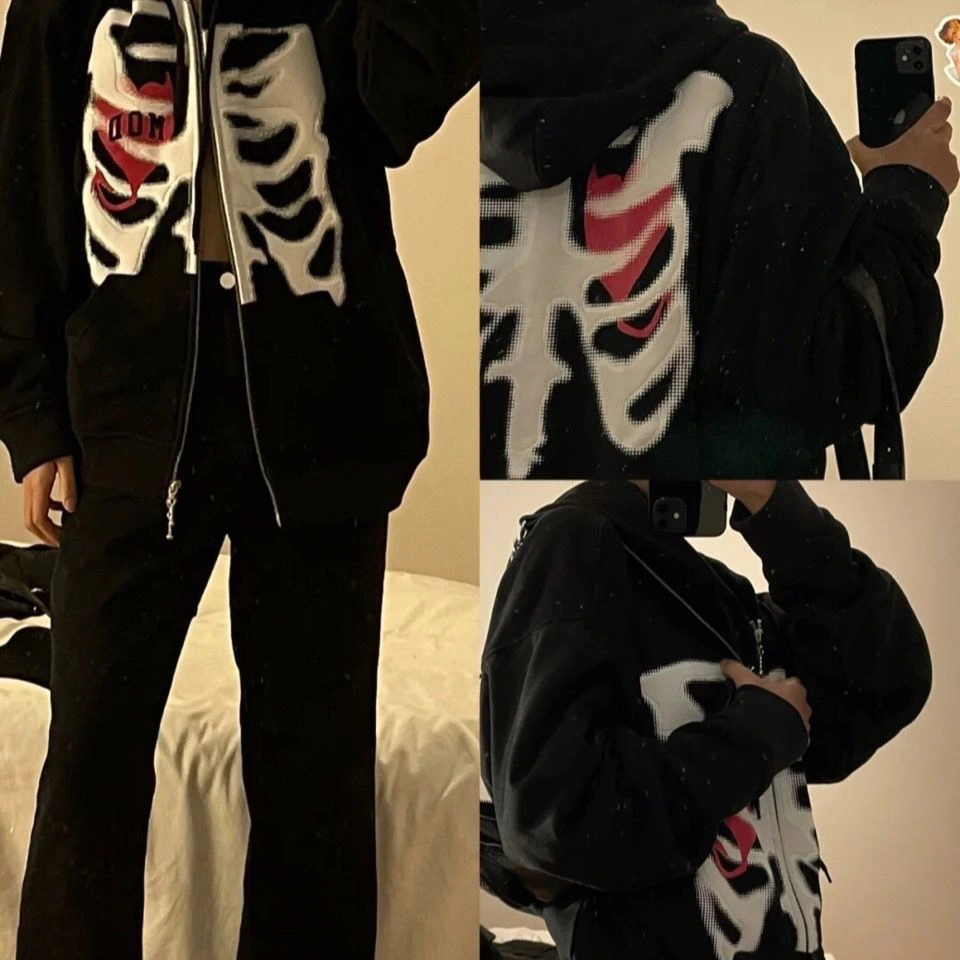 Loose Skull Printed Long Sleeve Hooded Jacket Solid Color Student Girl Top