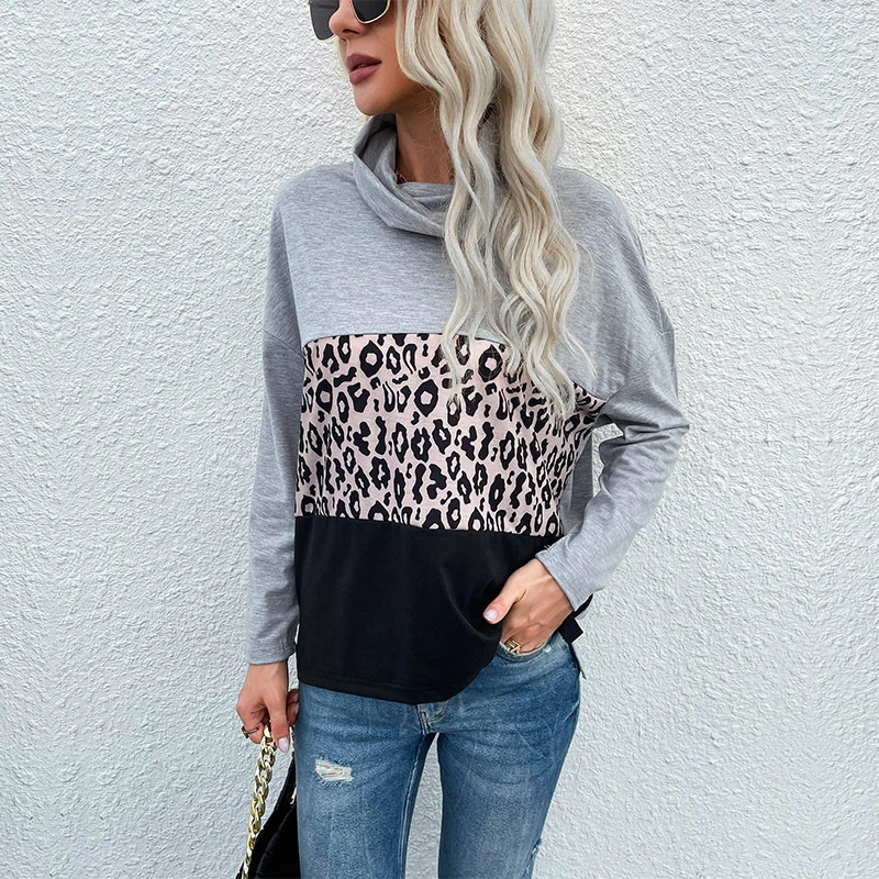 Loose Pullover Thin Pile-Neck Leopard Print Sweatshirt