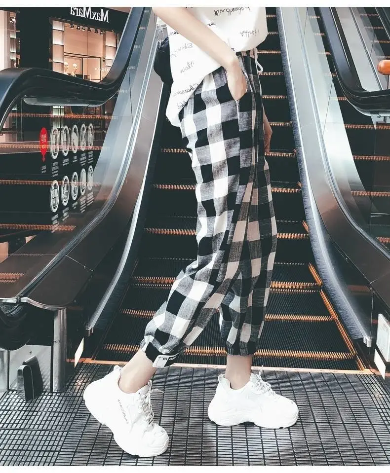 Cotton and Linen Pants Literary and Casual Plaid Pants