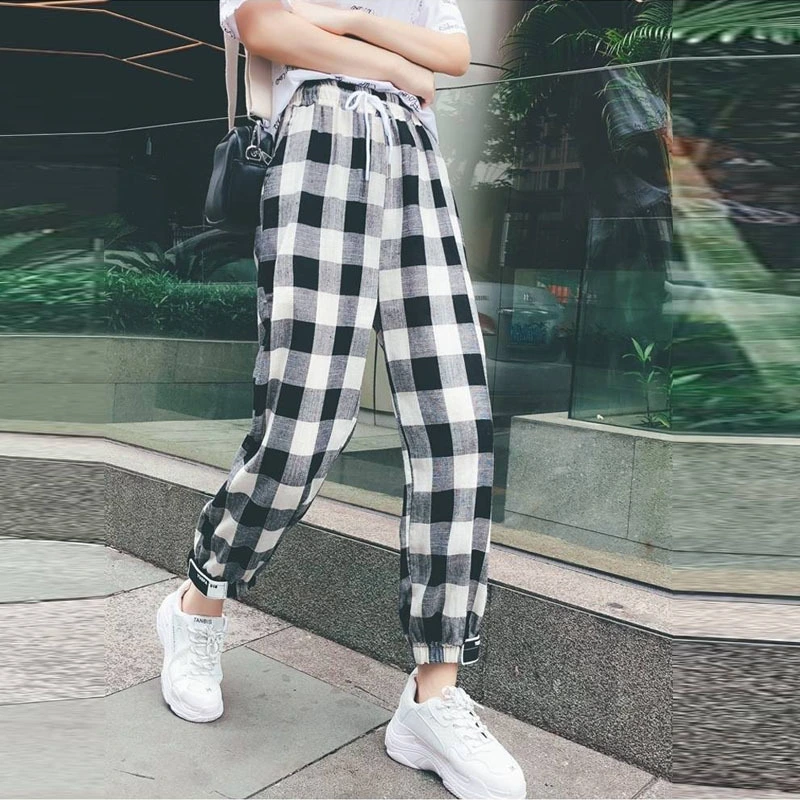 Cotton and Linen Pants Literary and Casual Plaid Pants
